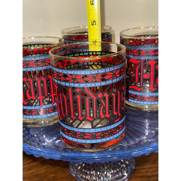 Set of 4 Vintage Houze "Happy Holidays" Stained Glass 4” Barware Lowball Glasses - Picture 3 of 6